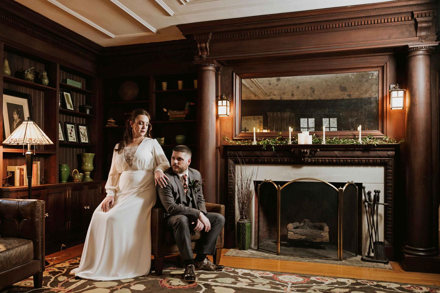 Wedding couple sat in chair